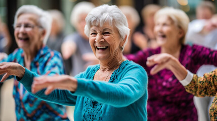 Gruppe fröhlicher Senioren zeigt Energie, Freude und Spaß an Bewegung und Tanz, symbolisiert Gemeinschaft, Lebensstil und Geist älterer Menschen - obrazy, fototapety, plakaty