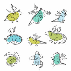 Vector collection of funny 
 and cute different dragons and dinosaurs drawn by hand in a doodle style
