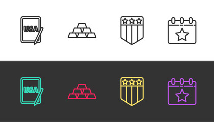 Set line USA on graphic tablet, Gold bars, Shield with stars and Calendar date July 4 on black and white. Vector