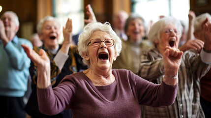 Gruppe fröhlicher Senioren zeigt Energie, Freude und Spaß an Bewegung und Tanz, symbolisiert Gemeinschaft, Lebensstil und Geist älterer Menschen - obrazy, fototapety, plakaty