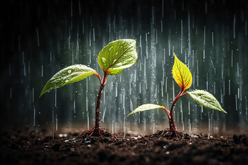 雨に打たれてもたくましく根を張り成長する植物 - obrazy, fototapety, plakaty