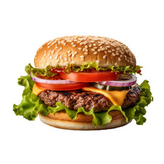 Mouthwatering Cheeseburger with Lettuce and Tomato on a Plate Isolated on a Transparent Background