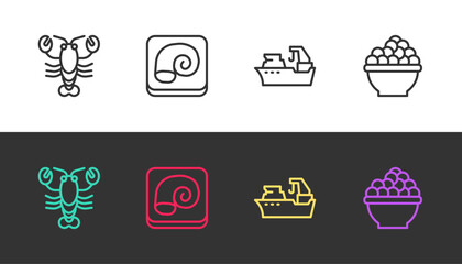 Set line Lobster, Octopus on a plate, Fishing boat and Caviar on black and white. Vector