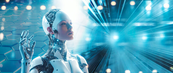 Naklejka premium White Humanoid robot interface with blue futuristic technology graphic background, an Innovation, AI artificial intelligence.