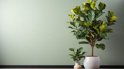 Clean blank sage green wall wiht tropical fiddle leaves UHD wallpaper Stock Photographic Image