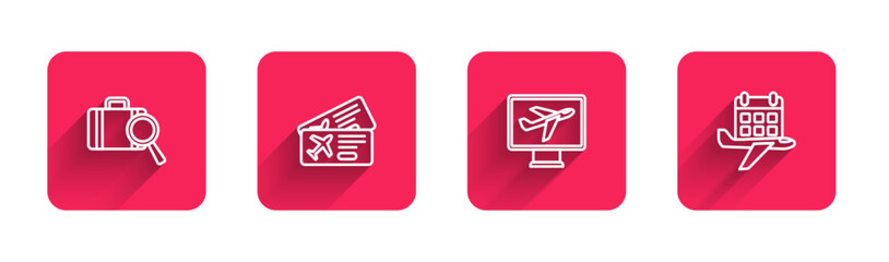 Set line Lost baggage, Airline ticket, Plane and Calendar and airplane with long shadow. Red square button. Vector