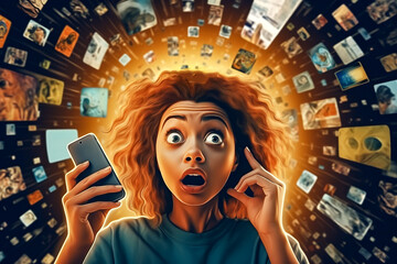 A young woman is holding her phone in shock, various streams of information are flying around her. Information data, too much media,information, maximalism, news,  addiction to social networks. - obrazy, fototapety, plakaty