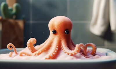 Swimming cute and happy octopus in a bubble bath