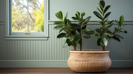Clean blank sage green wall wiht tropical fiddle leaves UHD wallpaper Stock Photographic Image
