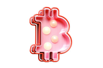 Light bulb marquee Bitcoin 3D logo in pink. High quality 3D rendering.