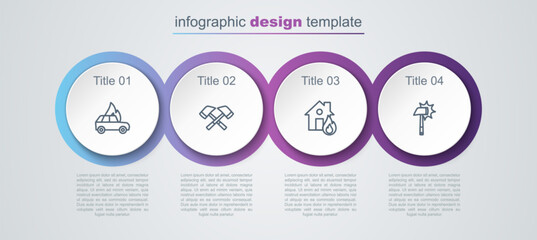 Set line Burning car, Firefighter axe, burning house and . Business infographic template. Vector