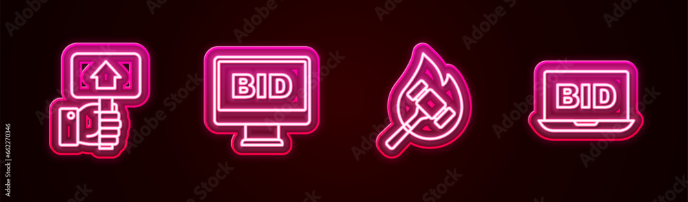 Sticker Set line Hand holding auction paddle, Online, Auction hammer and . Glowing neon icon. Vector