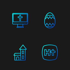 Set line Christian cross, Church building, on monitor and Easter egg. Gradient color icons. Vector