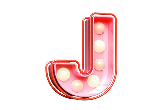 Circus marquee style typeface letter J in pink. Attractive luminous font of warm light bulbs. High quality 3D rendering.