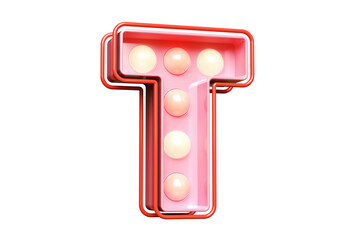 Circus marquee style typeface letter T in pink. Attractive luminous font of warm light bulbs. High quality 3D rendering.