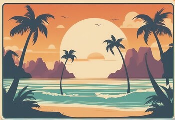 Fototapeta na wymiar sunset on a beach with palm trees summer time with beach, palm tree and sun, sea and beach. vector illustration sunset on a beach with palm trees