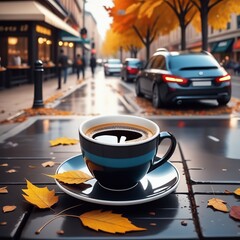 autumn background with cup of coffee and autumn leaves on the table in the park. autumn background with cup of coffee and autumn leaves on the table in the park. coffee cup on a street with autumn lea - obrazy, fototapety, plakaty