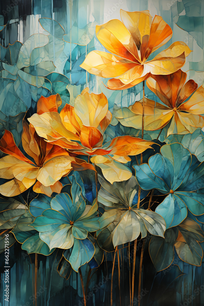 Sticker abstract painting of leaves with gold foil