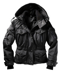 Product photo of a black jacket, isolated on the transparent background PNG.
