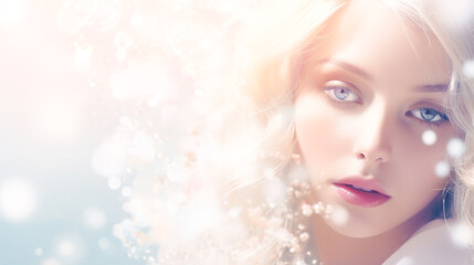 Beautiful young woman with a fair face and smooth skin. Blur background bokeh bubbles. For decorate web pages, assemble products, cosmetics, and skin care creams.