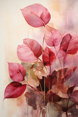 abstract painting of leaves in burgundy and beige with gold foil