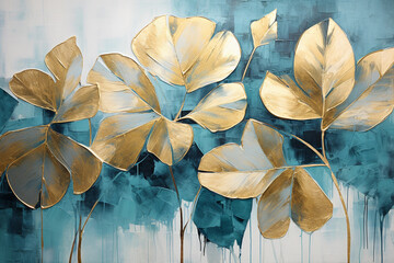abstract painting of leaves with gold foil