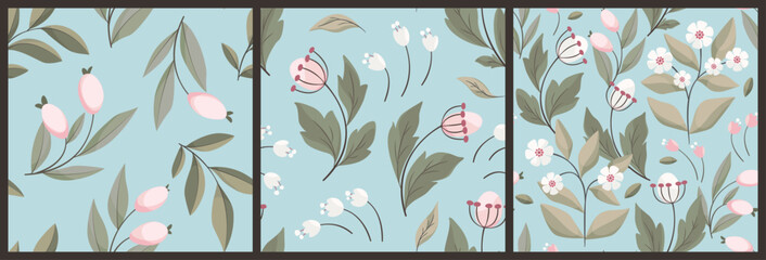 Seamless floral pattern, decorative ditsy print with wild plants in delicate colors. Pretty folk botanical design, ornament in the collection: small flowers, berries, leaves, blue background. Vector.