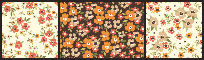 Seamless floral pattern, liberty ditsy print with autumn motif. Cute botanical design in the collection: small hand drawn flowers, tiny leaves, pretty flora in an abstract composition. Vector. © Yulya i Kot