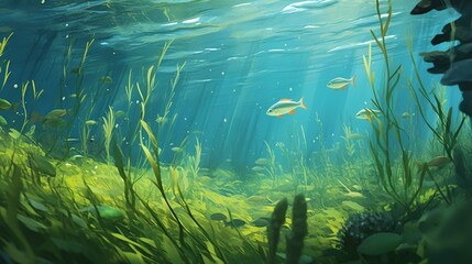 Fototapeta na wymiar Seagrasses swaying underwater with fish swimming around.