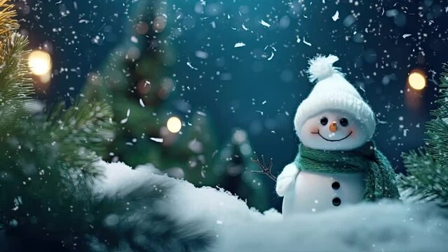 Christmas celebration with a cute concept with a snowman wearing a red sweater and green hat with a Christmas tree and lights. seamless looping time-lapse virtual 4k video animation background