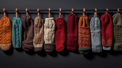 Several pairs of winter gloves displayed in a row.