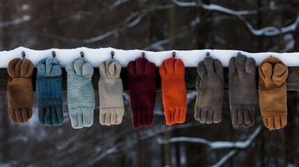 Several pairs of winter gloves displayed in a row.