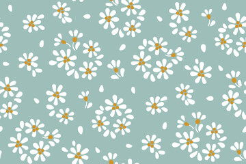 Seamless floral pattern, liberty ditsy print with vintage rustic motif. Cute botanical design for fabric, paper: small hand drawn daisy flowers, tiny leaves on a blue field. Vector illustration.