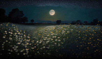Moon over Field of Flowers