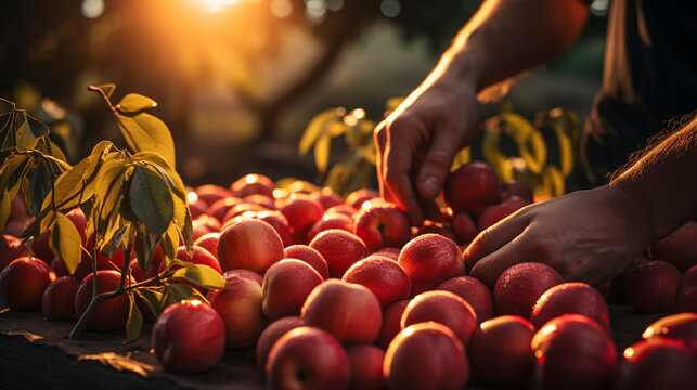 Close up of farmer male hands picking red apples UHD wallpaper Stock Photographic Image