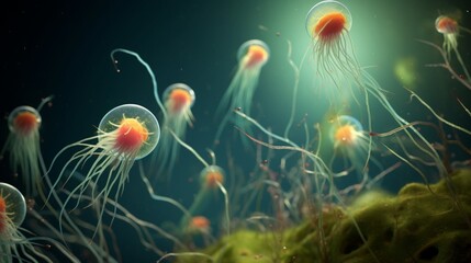Single-celled organisms with flagella, high definition.
