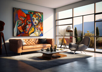 Artistic living room of an apartment in a quiet area with an amazing view