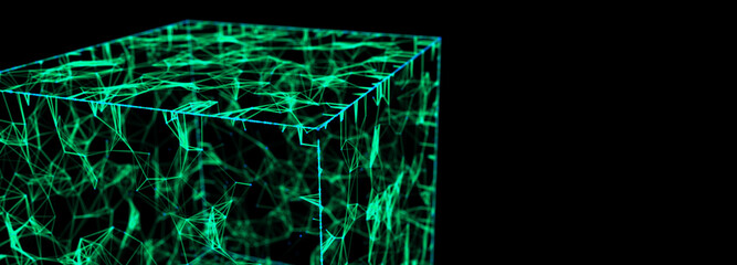 Abstract cube with network connection. Big Data. Glowing lines. 3D rendering.