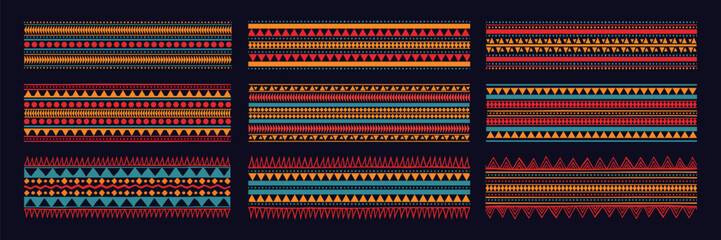 Set of tribal aztec pattern banner background. Ethnic border style vector seamless pattern. Ethnic embroidery seamless border template. Gypsy geometric motif, mexico or african print design