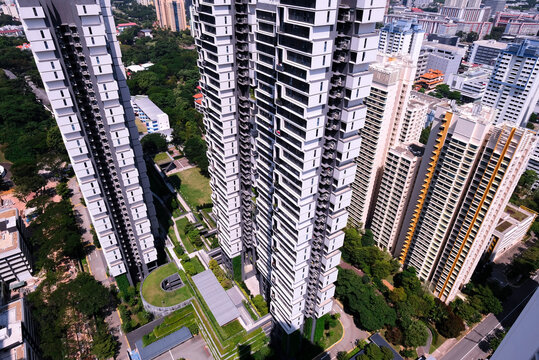 View of modern public residential housing by Singapore government in Queenstown neighbourhood. HDB development, skyscrapers