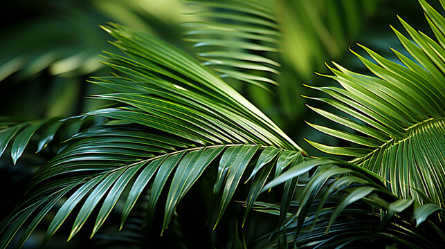 Close up of lush green palm tree leaf UHD wallpaper Stock Photographic Image