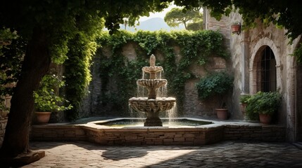 Stone fountain with cascading water in a courtyard.