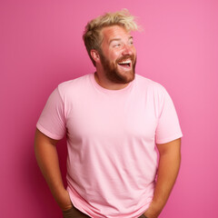 Obraz premium Face of happy overweight man wearing sunglasses looking at camera on pink studio background