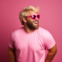 Face of happy overweight man wearing sunglasses looking at camera on pink studio background - obrazy, fototapety, plakaty