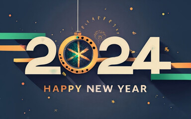 Happy New Year 2024 text design. Brochure design, invitation, template, calendar, card, banner. Retro style. Generative AI