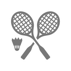 Badminton crossed racquets and shuttlecock icon. Birdie or shuttle feather sport symbol.