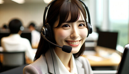 明るいコールセンターでヘッドフォンをしたオペレーター。日本人ビジネスウーマンの写真風のイメージ画像です。彼女の自然で真摯な笑顔と顔のディテールの質感が強調されています。 - obrazy, fototapety, plakaty