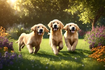 Two lively golden retriever puppies chasing each other through a vibrant garden, their boundless energy and youthful spirit adding a touch of charm to any project