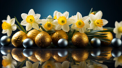 Obraz na płótnie Canvas Easter bunny toy with yellow narcissus daffodils UHD wallpaper Stock Photographic Image