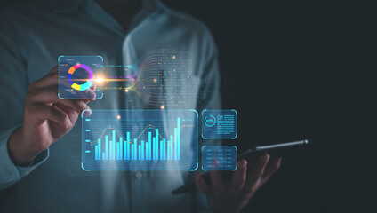 KPI business analysis concept. Businessman using KPI dashboard virtual screen analyze data report,...
